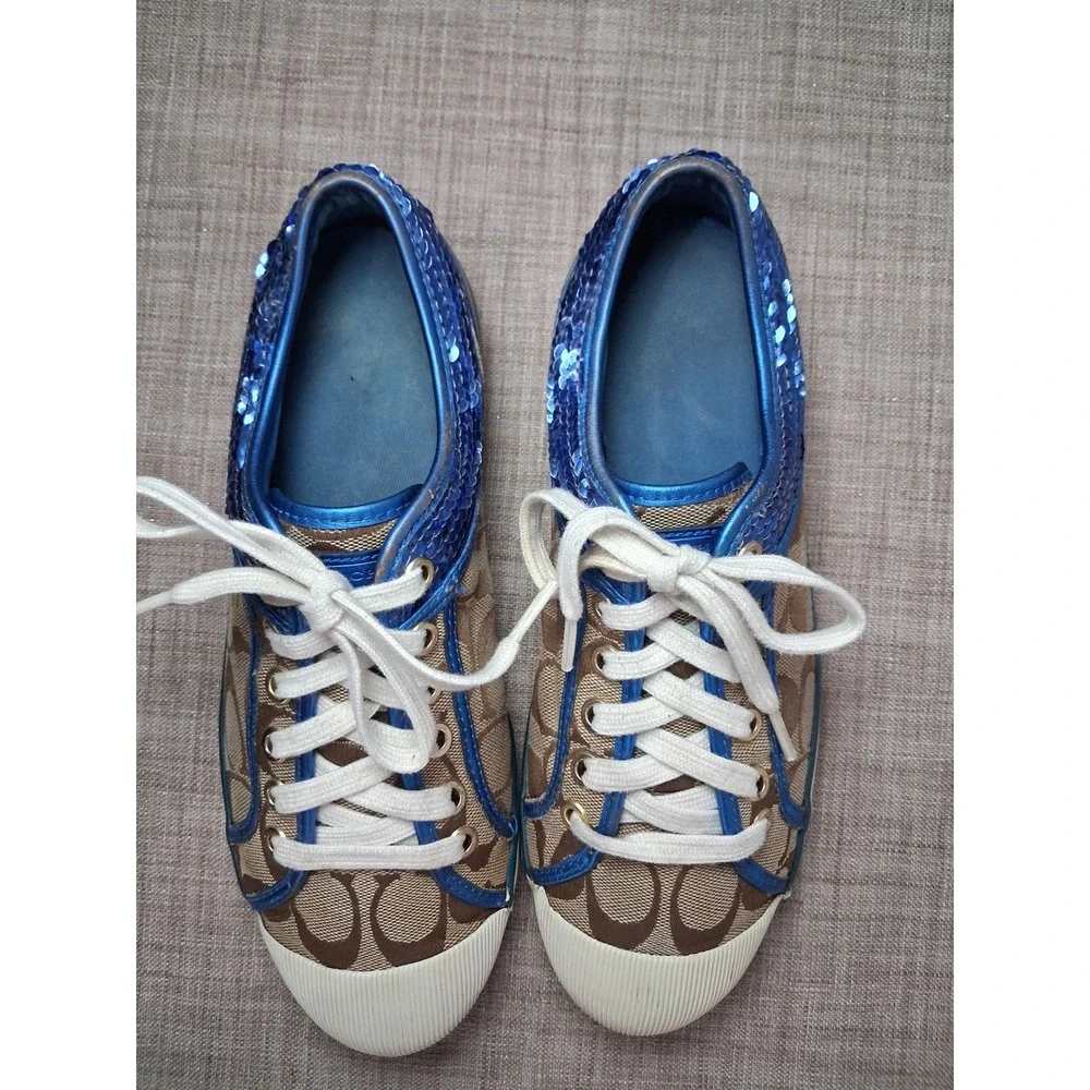 Coach Zorra Signature Monogram Metallic Blue Sequin Sneakers A1412 Womens 8.5B